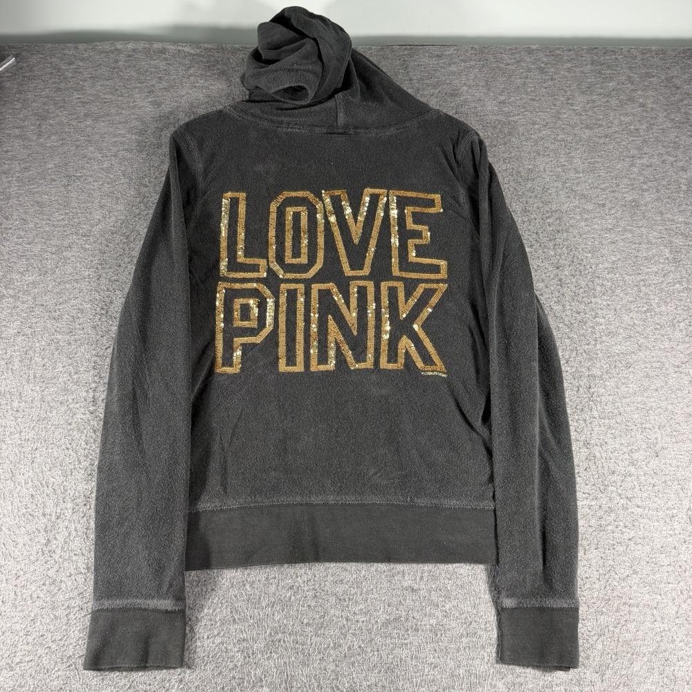 PINK Victoria's Secret Hoodie Womens Size L Black Full Zip Sequin Spell Out Y2K